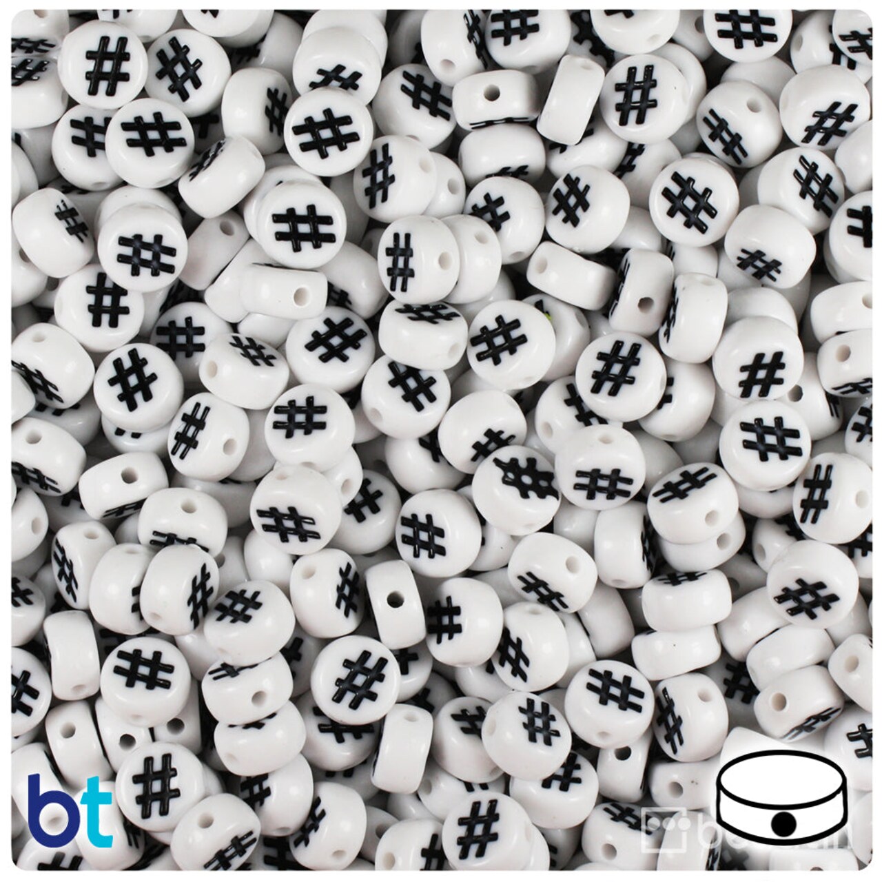 BeadTin White Opaque 7mm Coin Plastic Alpha Beads - Black Hashtags (250pcs)